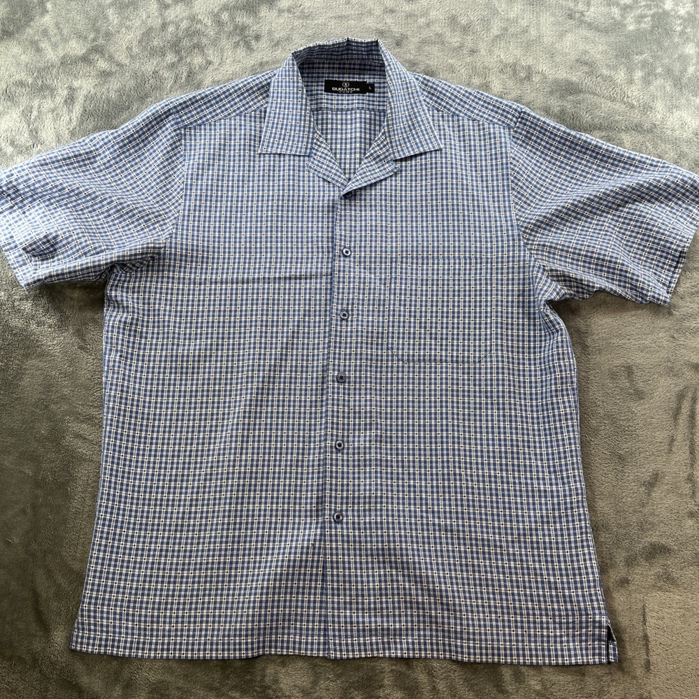 Bugatchi Uomo Men's Large Blue Plaid Check Short Sleeve Shirt Rayon/Poly Blend‎